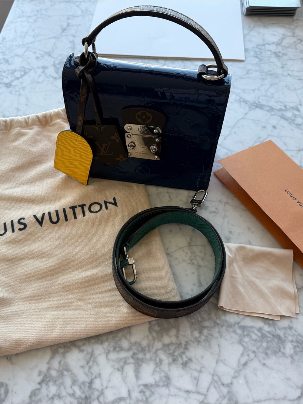 Louis Vuitton Navy Patent Vernis Top Handle Bag with Yellow Tag